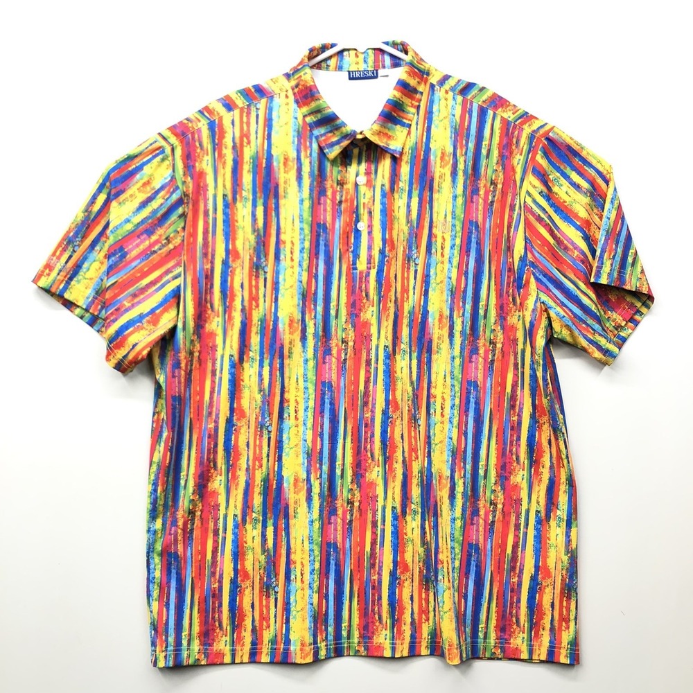 Hreski Golf Polo Shirt XL Abstract Paint Drip Multicolored Stretch Performance